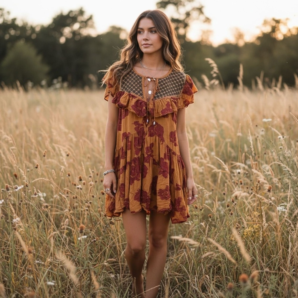 Free People Tilly Printed‎ Tunic Dress Medium Summer Coral & Burgundy Boho